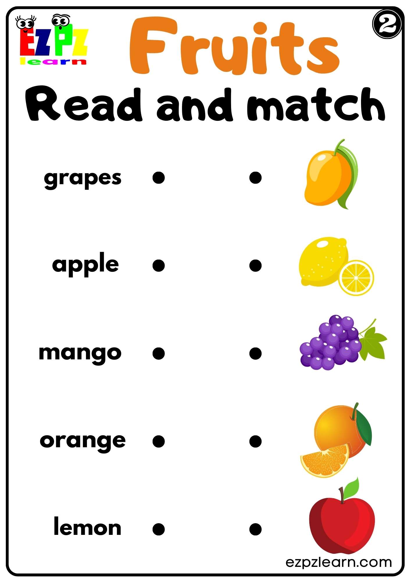 Fruits Read and Match Worksheet for K5 Kindergarten and ESL Free PDF Download Set 2